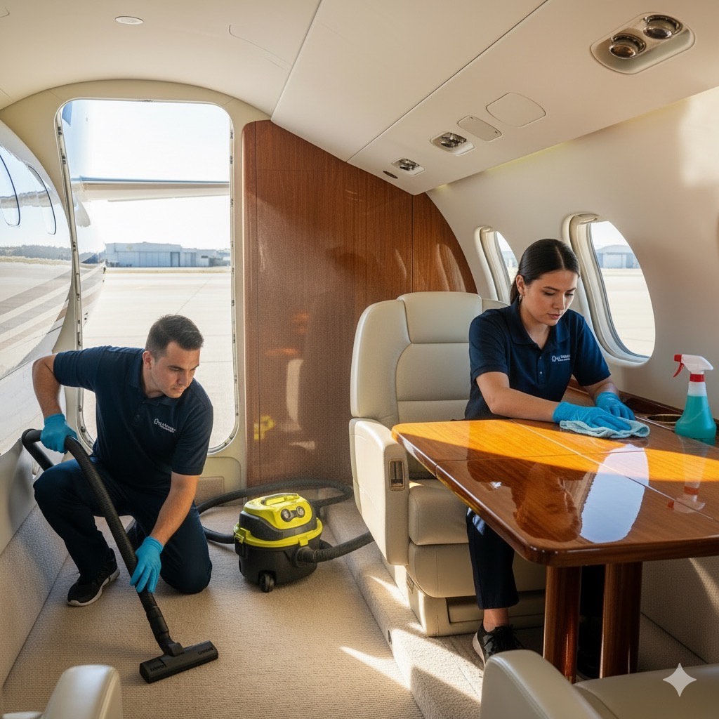 Nettoyage de l'intérieur d'une cabine de jet privé