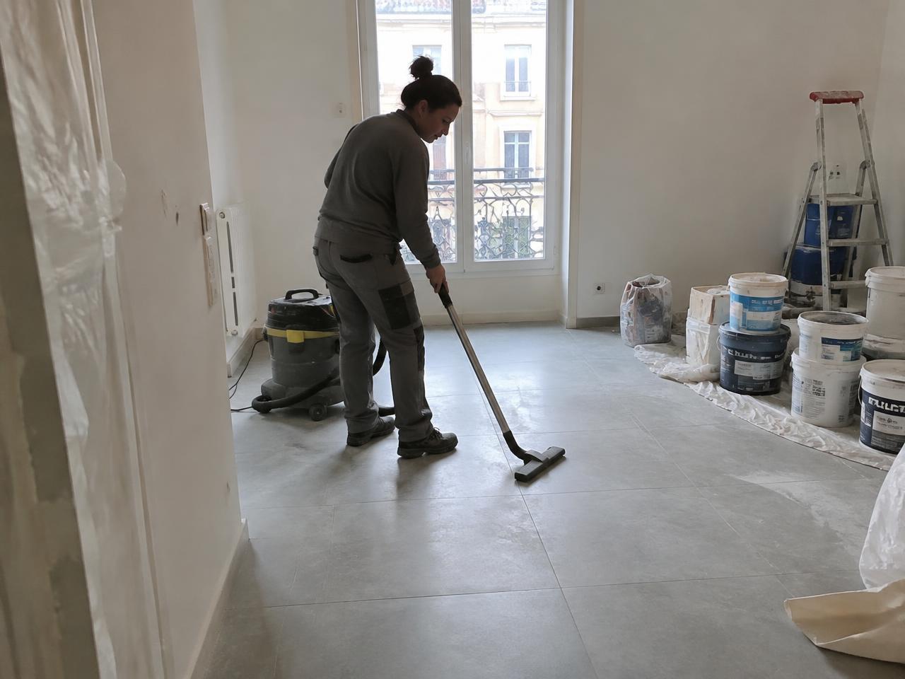 Membre de l'équipe Fresh Air Nettoyage nettoyant les vitres d'un logement neuf