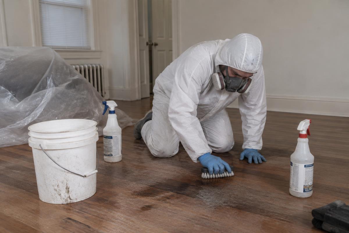 Technicien en combinaison nettoyant un parquet lors d'une remise en état