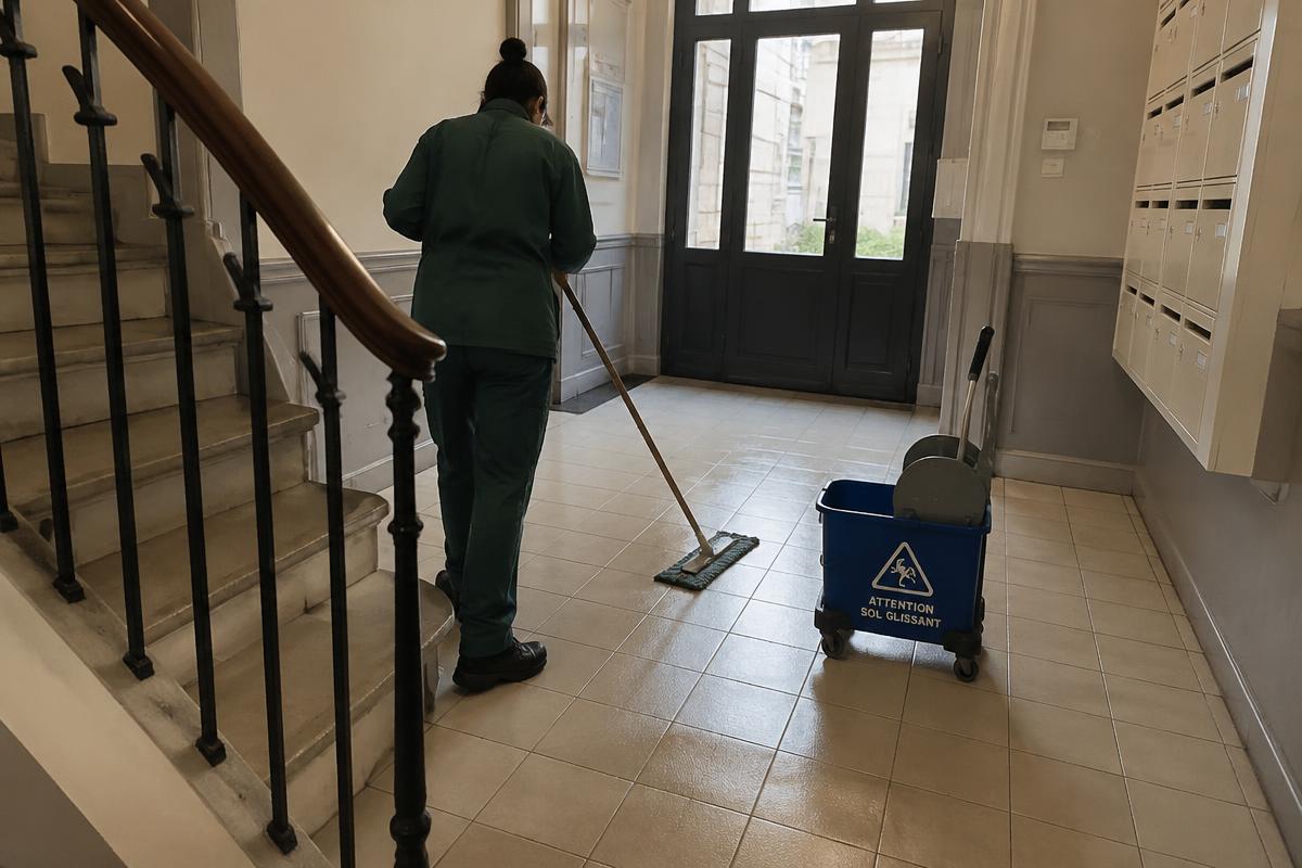 Agente d'entretien lavant le hall d'une copropriété